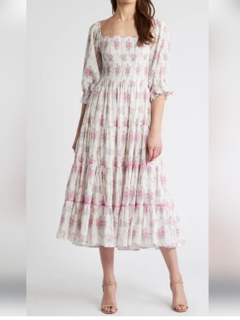 LoveShackFancy White Floral Midi Dress with Pink Accents